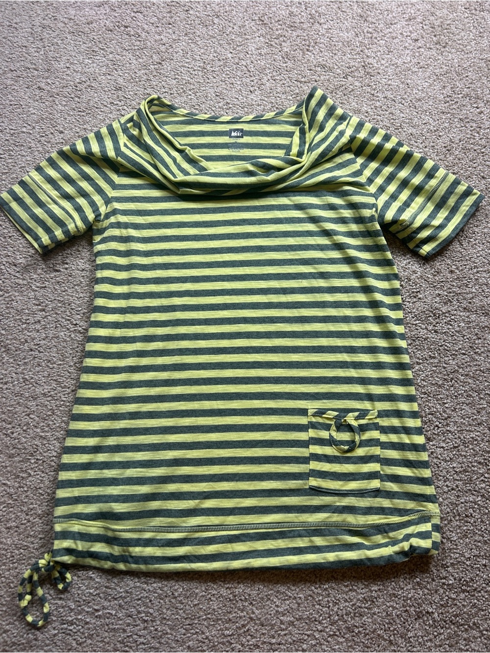 REI Women's Green Navy Striped Cowl Neck Tunic Top Short Sleeve Size Medium